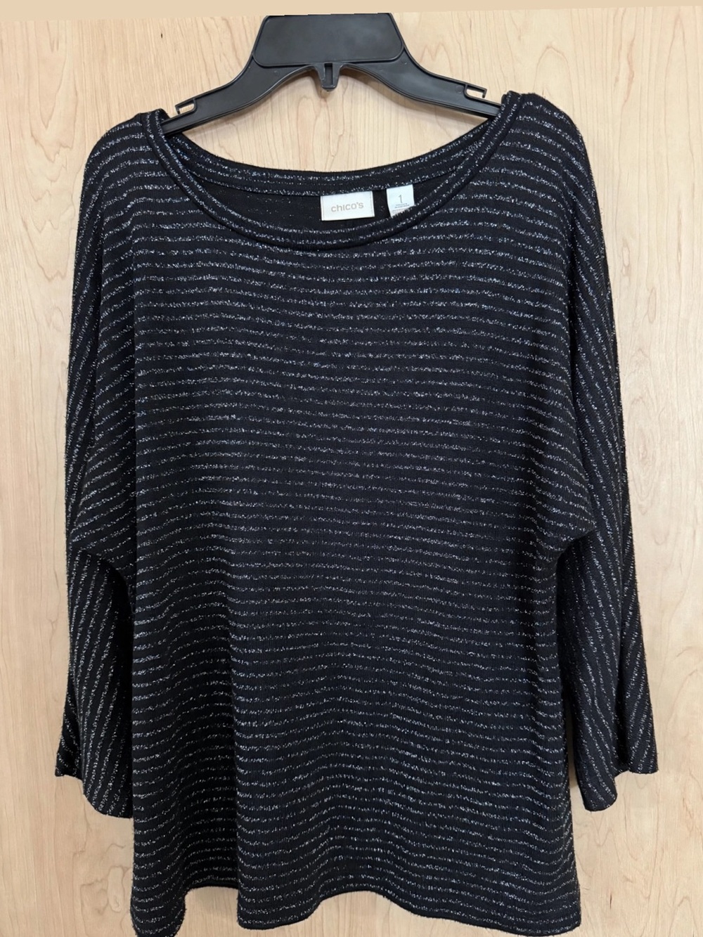 Chico's Black Top with Silver Metallic Stripes